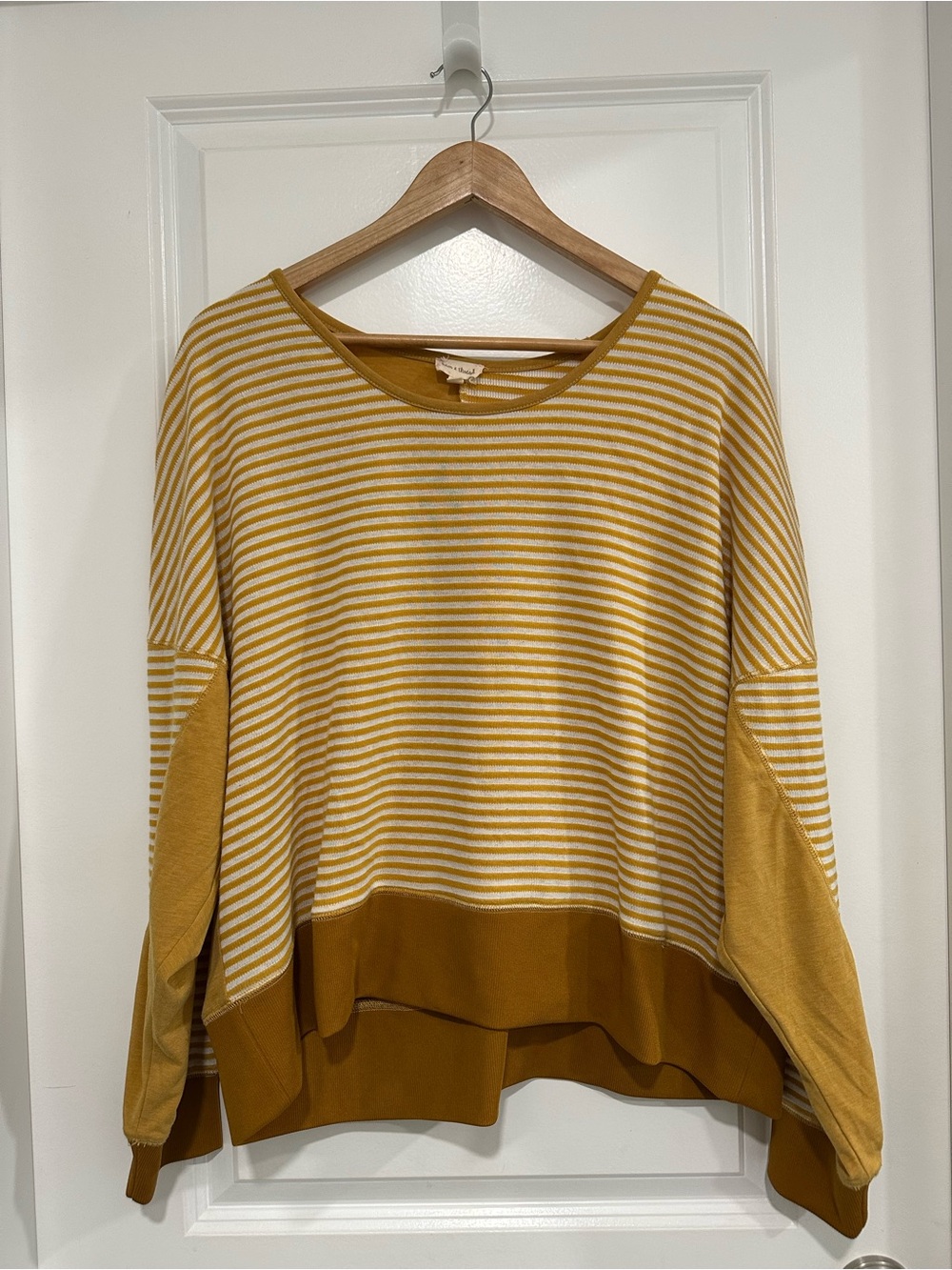 Hem and Thread Striped Relaxed Fit Women’s Top in Mustard Size S/M